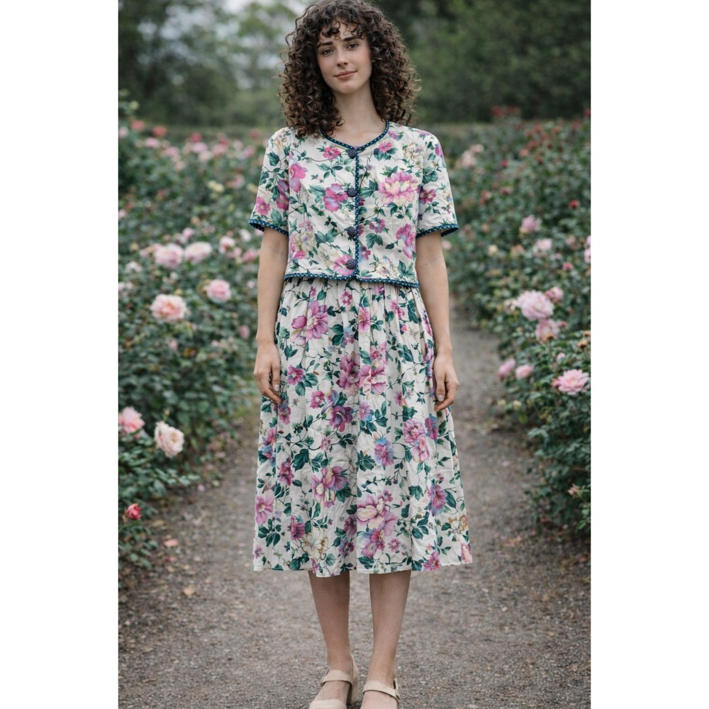 Fritzi Petites Vintage Floral Skirt Set Size Medium‎ Cream Pink Cottagecore Crop